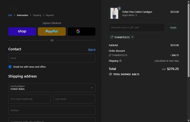 A.L.C. checkout page showing A.L.C. promo code box | Screenshot taken by SimplyCodes community member on Sep 10, 2025
