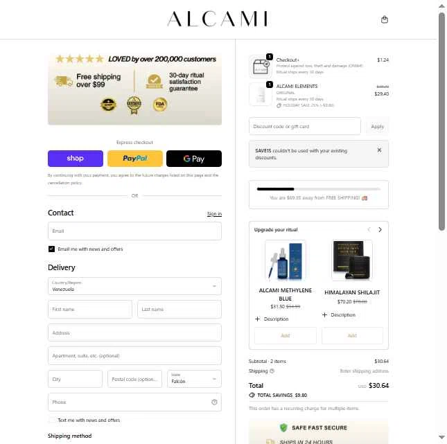 alcamielements checkout page showing alcamielements promo code box | Screenshot taken by SimplyCodes community member on Jan 2, 2026