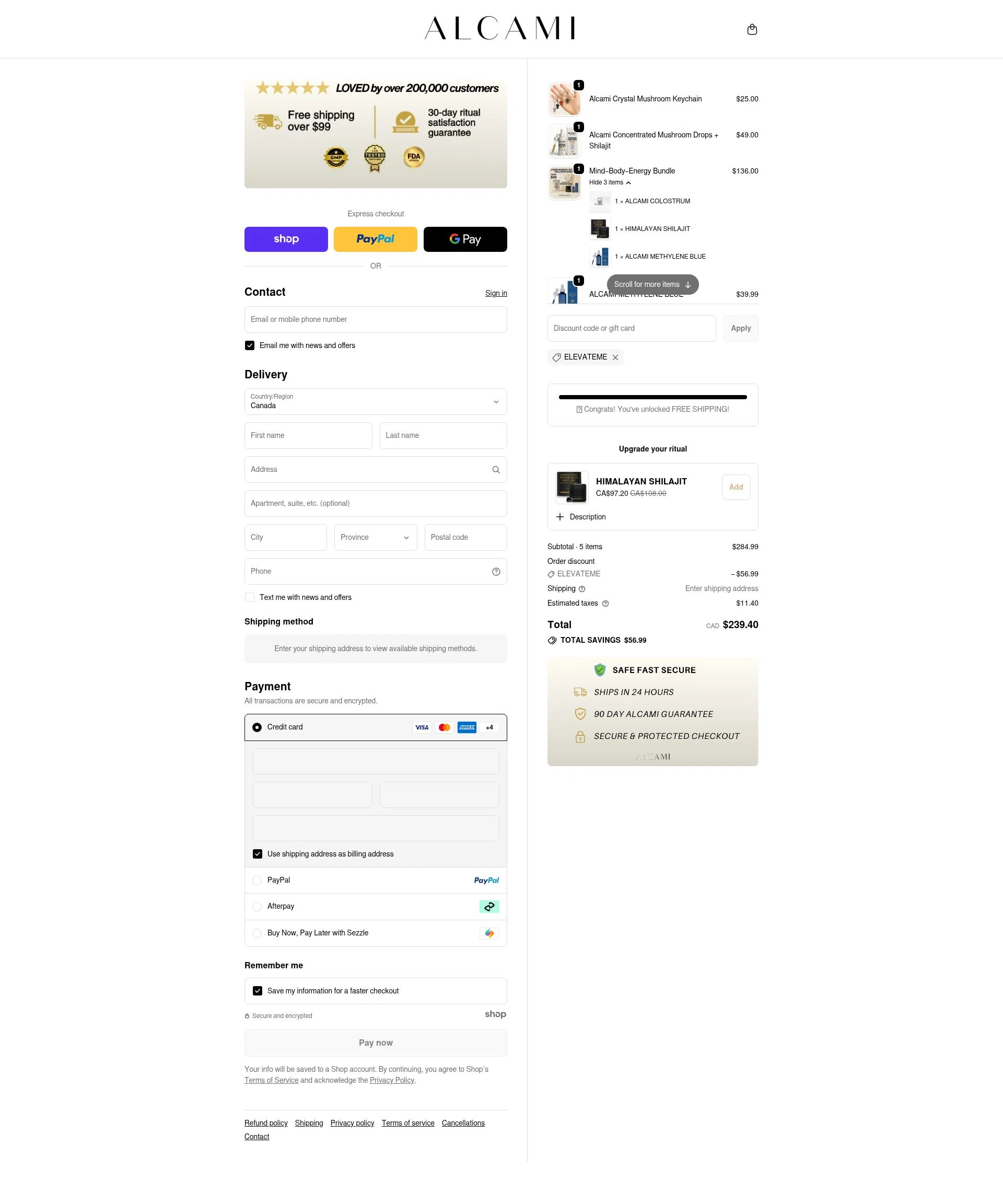 alcamielements checkout page showing alcamielements promo code box | Screenshot taken by SimplyCodes community member on Jan 2, 2026