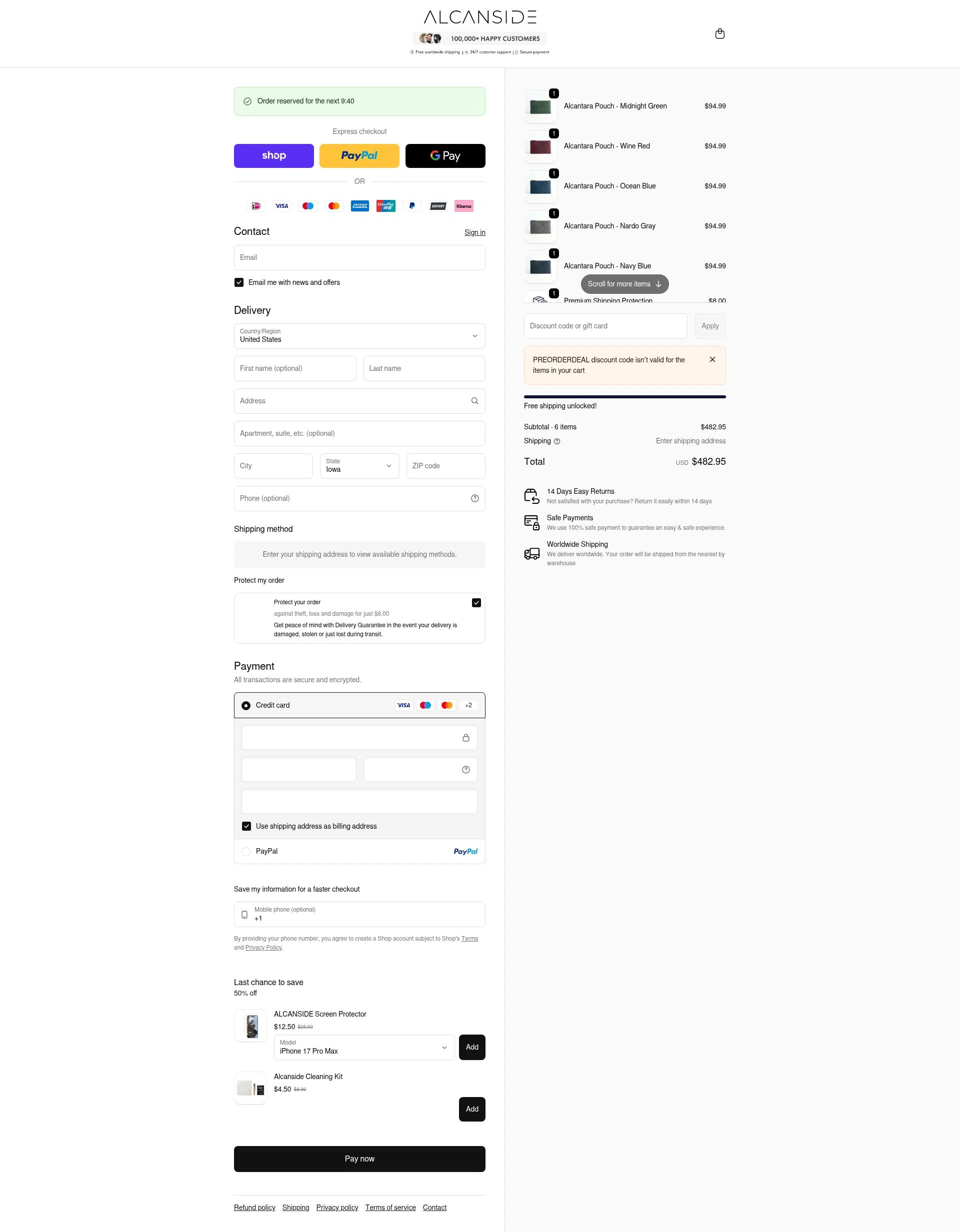 Alcanside checkout page showing Alcanside discount code box | Screenshot taken by SimplyCodes community member on Feb 9, 2026