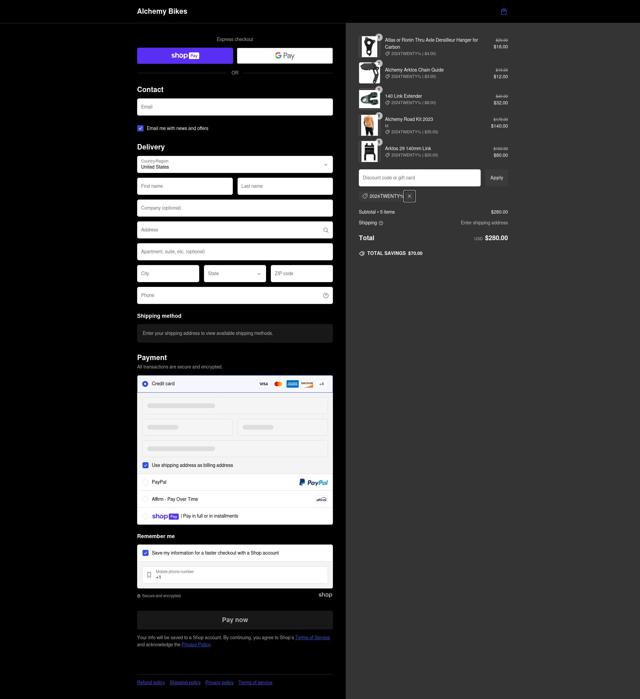 Alchemy Bicycles checkout page showing Alchemy Bicycles promo code box | Screenshot taken by SimplyCodes community member on Jan 13, 2025