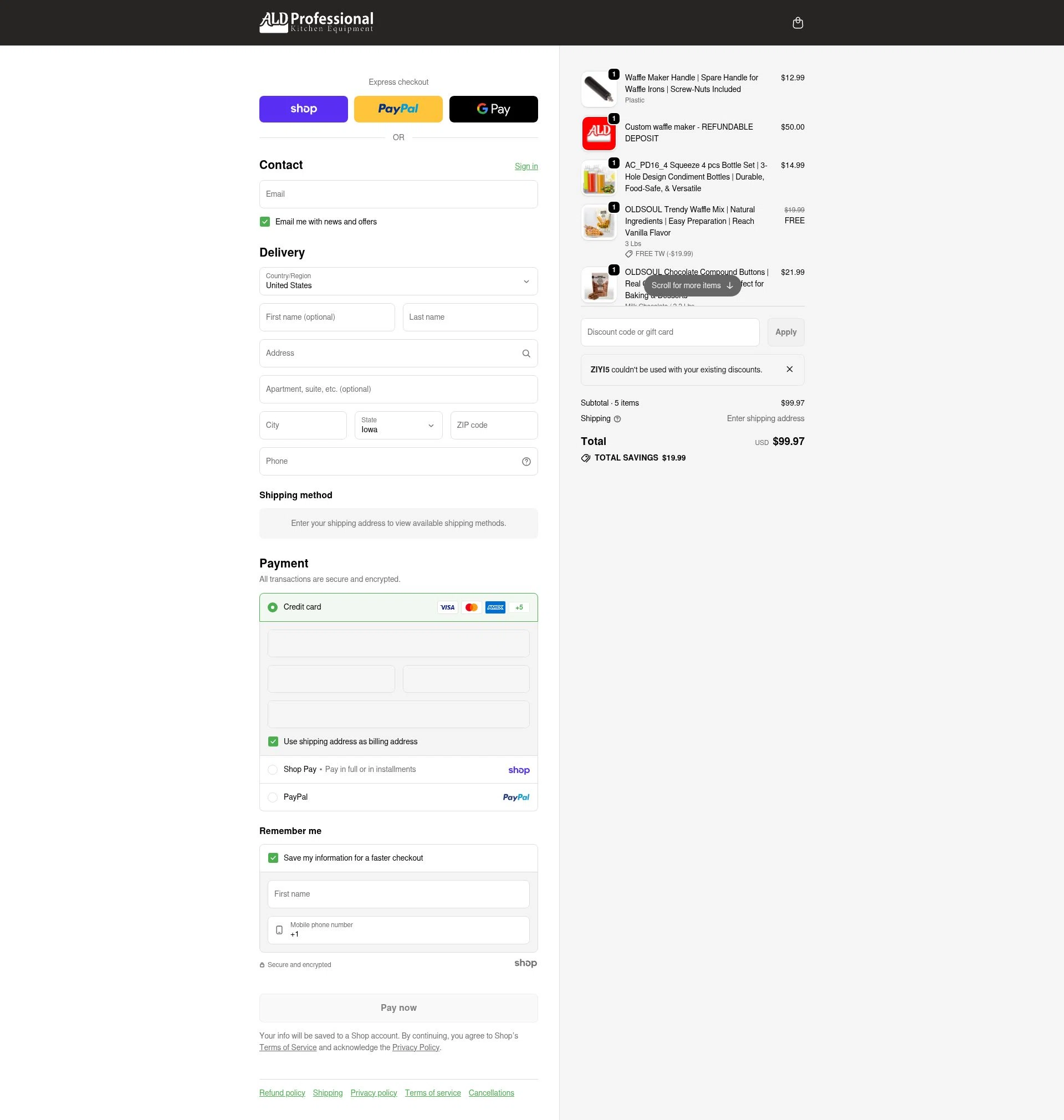 ALDKitchen checkout page showing ALDKitchen promo code box | Screenshot taken by SimplyCodes community member on Jan 28, 2026