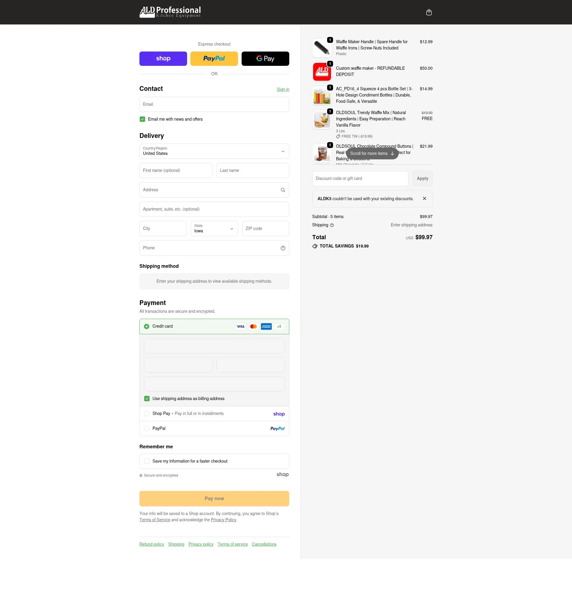 ALDKitchen checkout page showing ALDKitchen promo code box | Screenshot taken by SimplyCodes community member on Jan 28, 2026