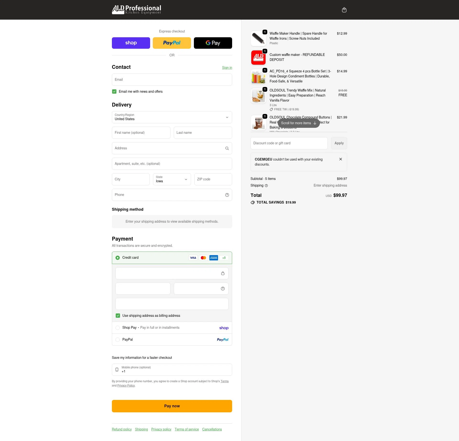 ALDKitchen checkout page showing ALDKitchen promo code box | Screenshot taken by SimplyCodes community member on Feb 20, 2026