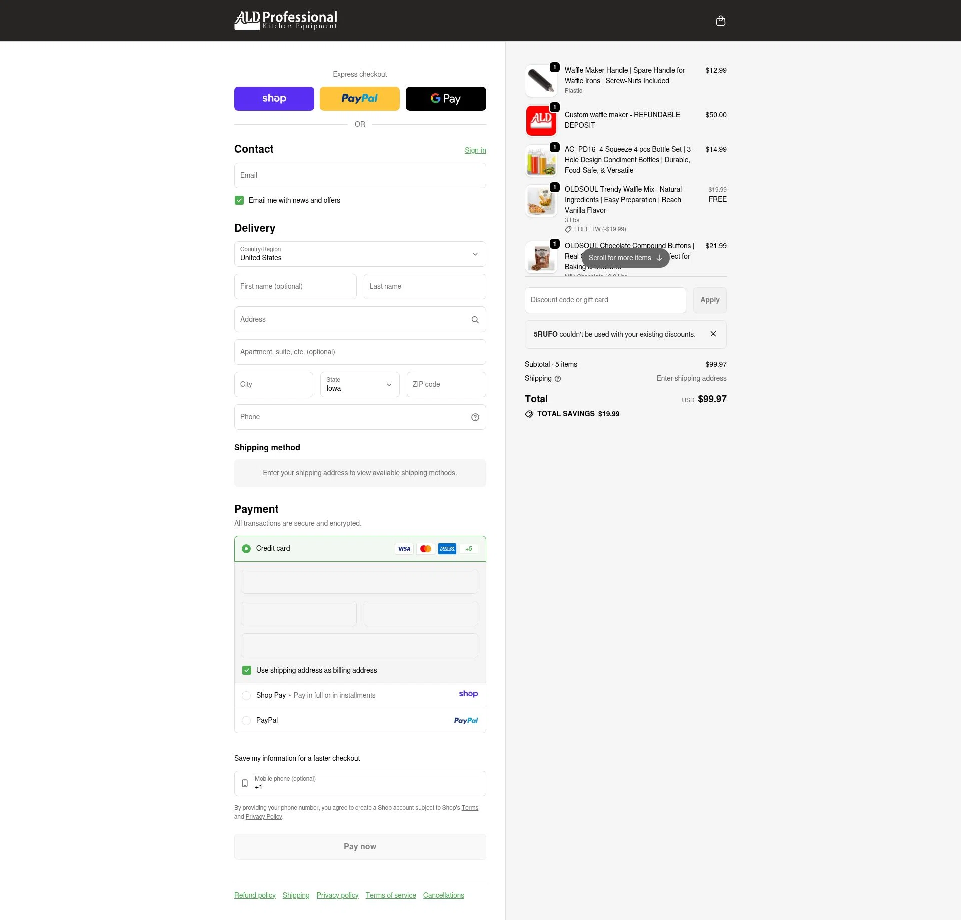 ALDKitchen checkout page showing ALDKitchen promo code box | Screenshot taken by SimplyCodes community member on Jan 9, 2026