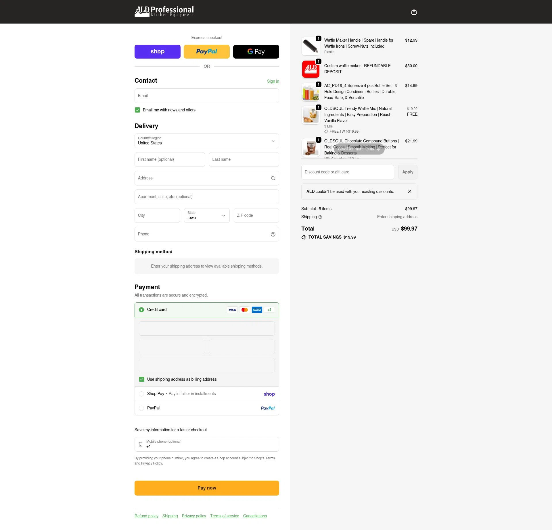 ALDKitchen checkout page showing ALDKitchen promo code box | Screenshot taken by SimplyCodes community member on Feb 20, 2026