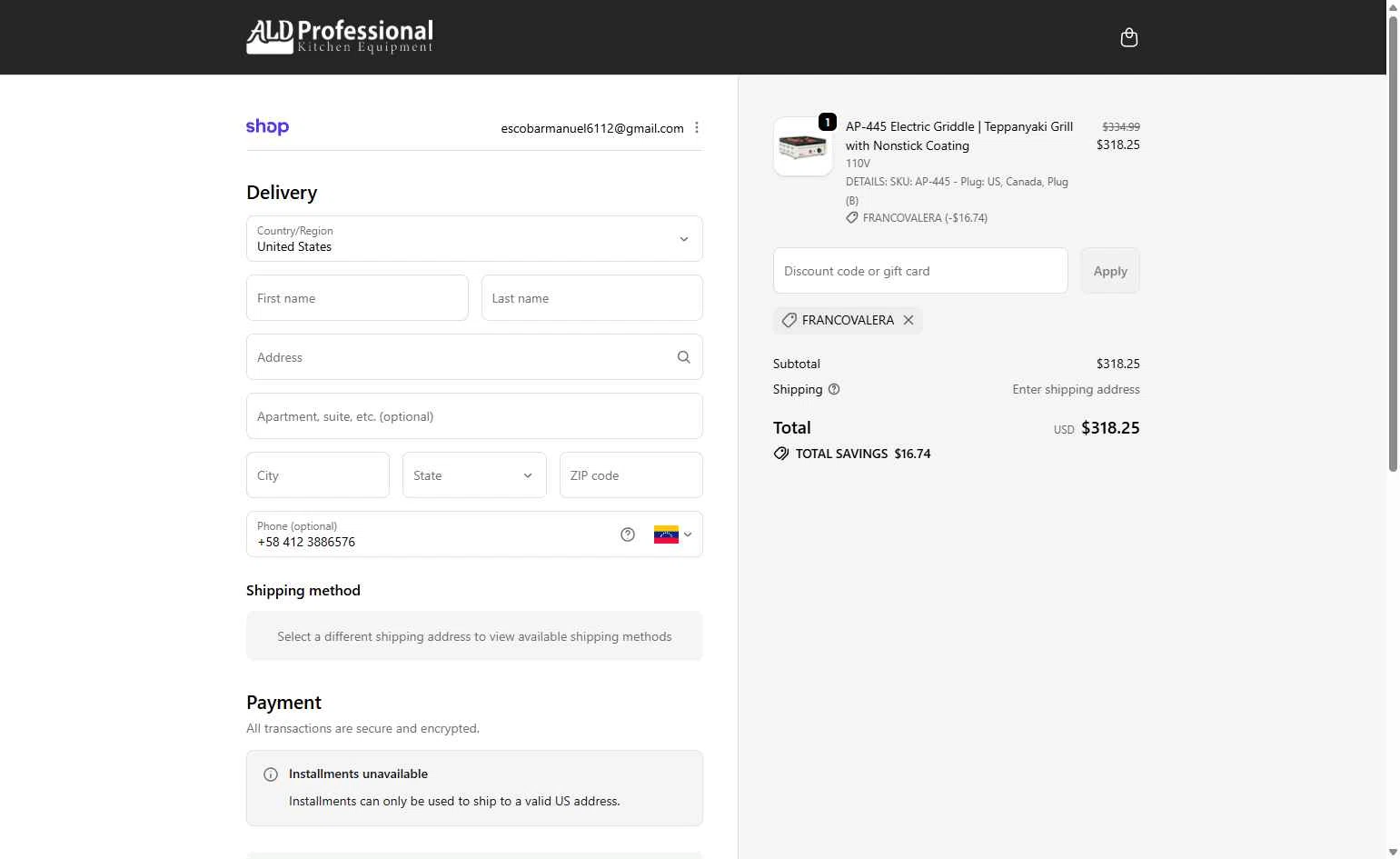 ALDKitchen checkout page showing ALDKitchen promo code box | Screenshot taken by SimplyCodes community member on Jan 30, 2026