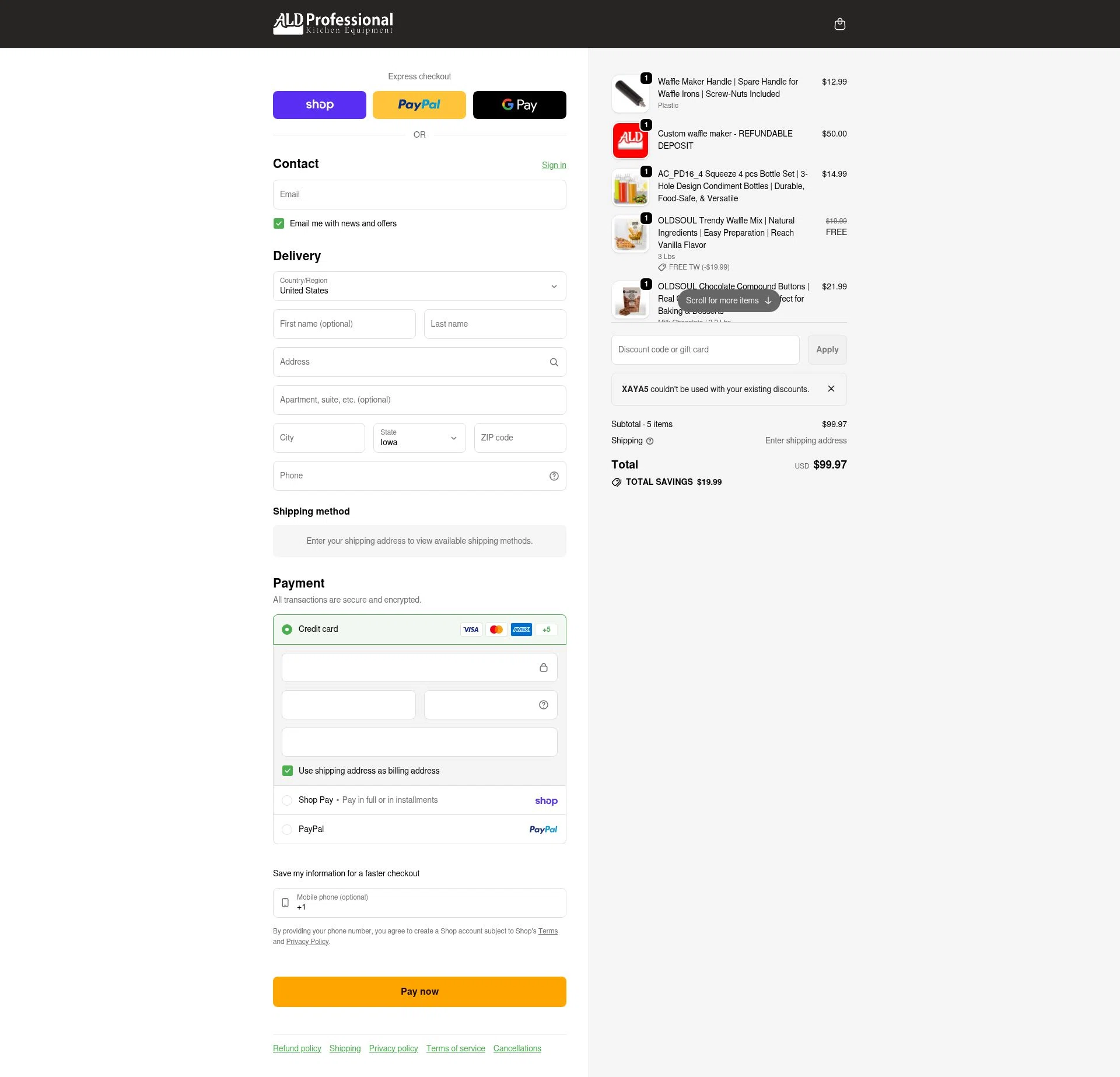 ALDKitchen checkout page showing ALDKitchen promo code box | Screenshot taken by SimplyCodes community member on Feb 20, 2026