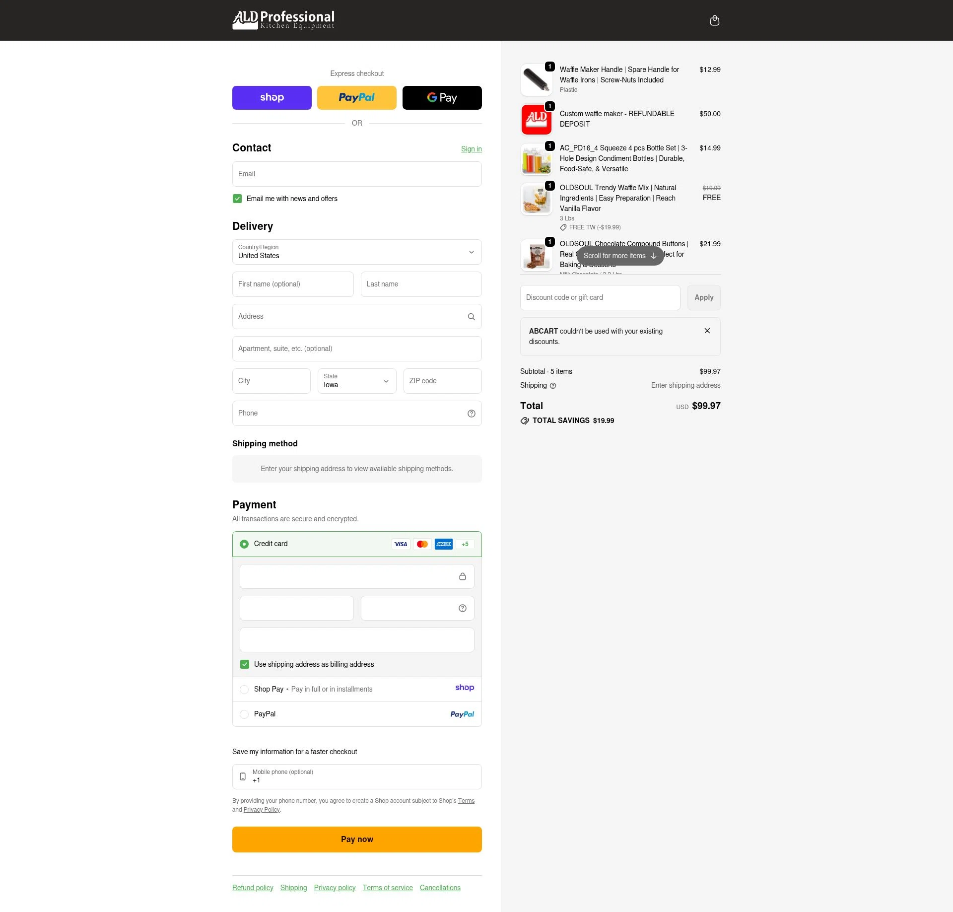 ALDKitchen checkout page showing ALDKitchen promo code box | Screenshot taken by SimplyCodes community member on Jan 9, 2026
