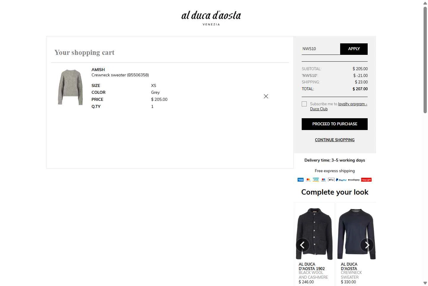 AL DUCA D'AOSTA checkout page showing AL DUCA D'AOSTA promo code box | Screenshot taken by SimplyCodes community member on Nov 12, 2025