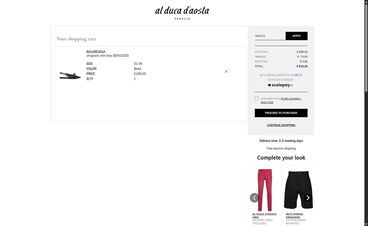 AL DUCA D'AOSTA checkout page showing AL DUCA D'AOSTA promo code box | Screenshot taken by SimplyCodes community member on Sep 12, 2025