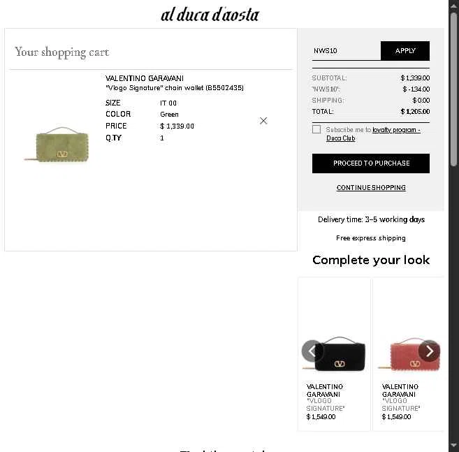AL DUCA D'AOSTA checkout page showing AL DUCA D'AOSTA promo code box | Screenshot taken by SimplyCodes community member on Oct 16, 2025
