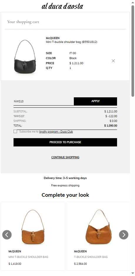 AL DUCA D'AOSTA checkout page showing AL DUCA D'AOSTA promo code box | Screenshot taken by SimplyCodes community member on Sep 27, 2025