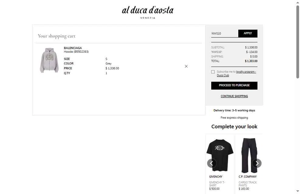 AL DUCA D'AOSTA checkout page showing AL DUCA D'AOSTA promo code box | Screenshot taken by SimplyCodes community member on Jul 18, 2025
