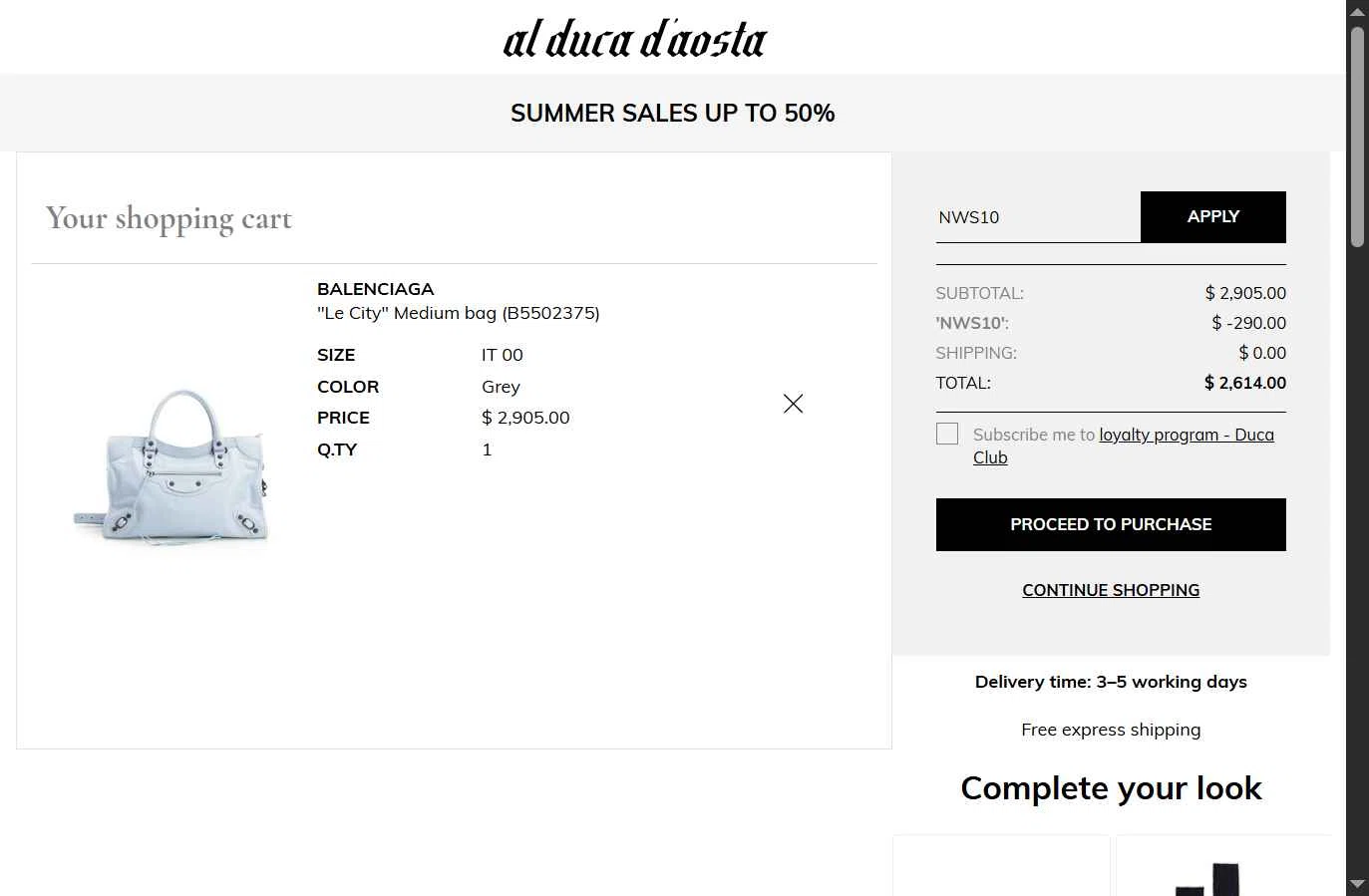 AL DUCA D'AOSTA checkout page showing AL DUCA D'AOSTA promo code box | Screenshot taken by SimplyCodes community member on Jul 18, 2025