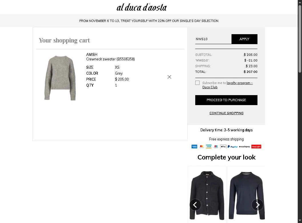 AL DUCA D'AOSTA checkout page showing AL DUCA D'AOSTA promo code box | Screenshot taken by SimplyCodes community member on Nov 12, 2025