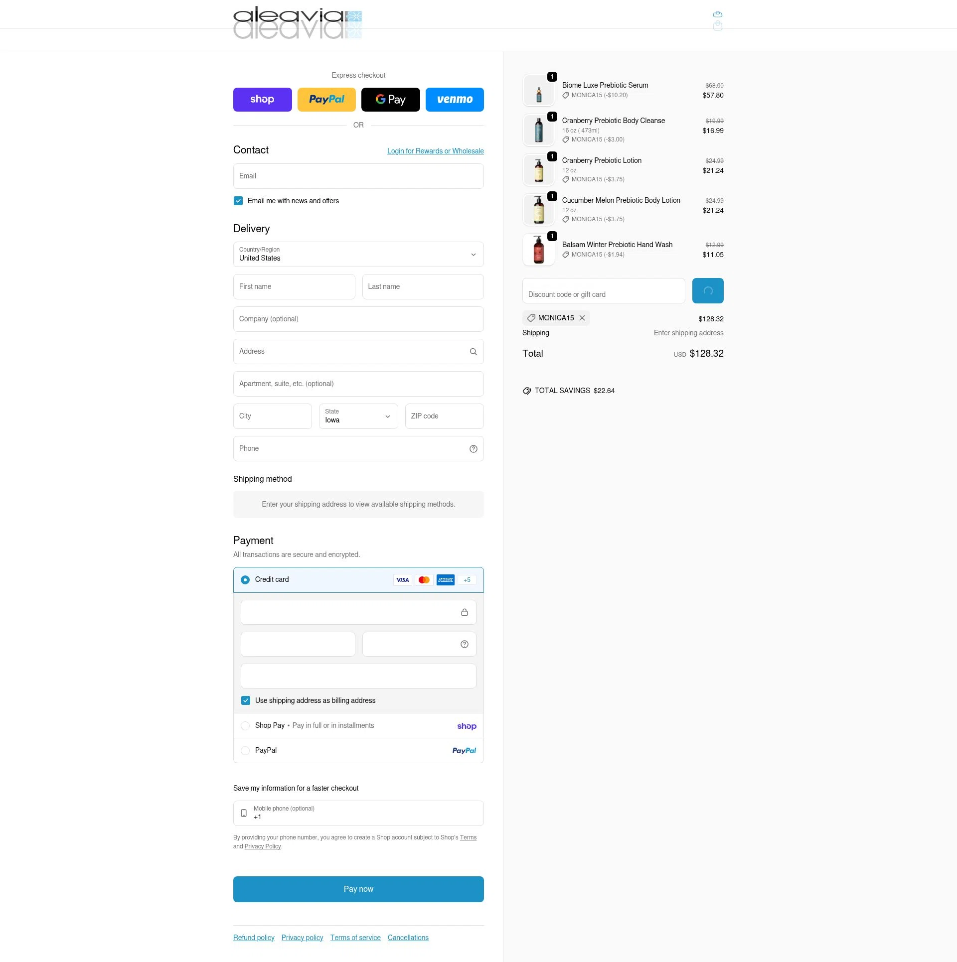 Aleavia checkout page showing Aleavia discount code box | Screenshot taken by SimplyCodes community member on Feb 21, 2026
