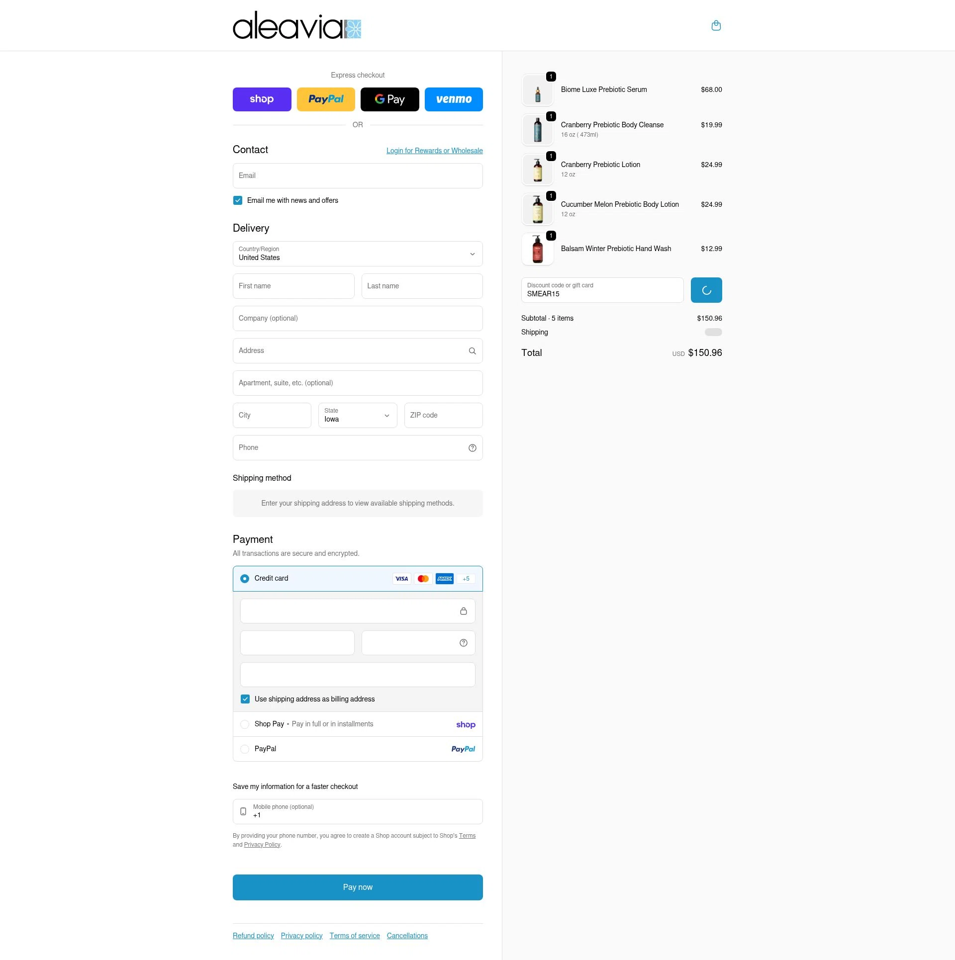 Aleavia checkout page showing Aleavia discount code box | Screenshot taken by SimplyCodes community member on Feb 21, 2026