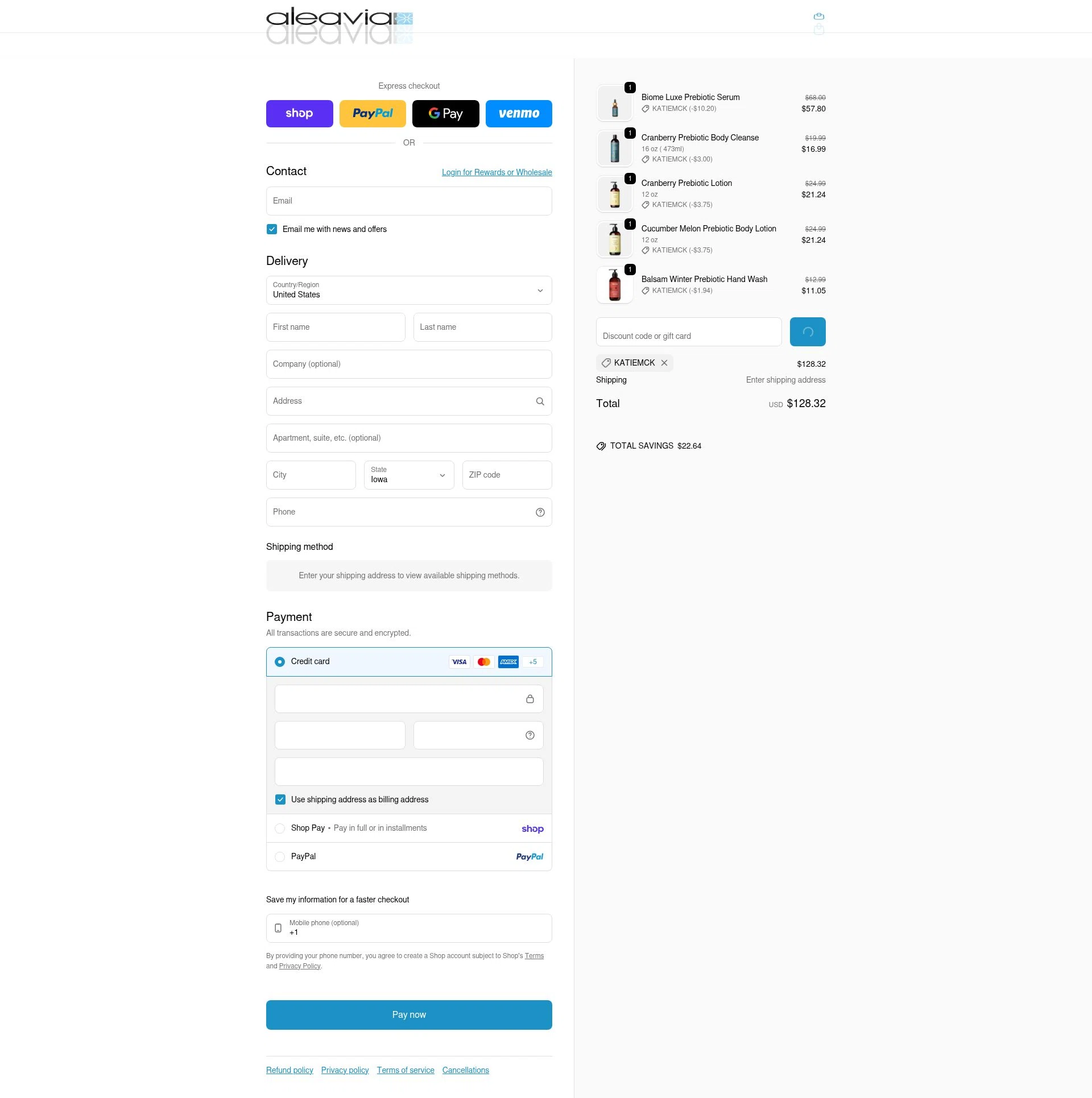 Aleavia checkout page showing Aleavia discount code box | Screenshot taken by SimplyCodes community member on Feb 21, 2026