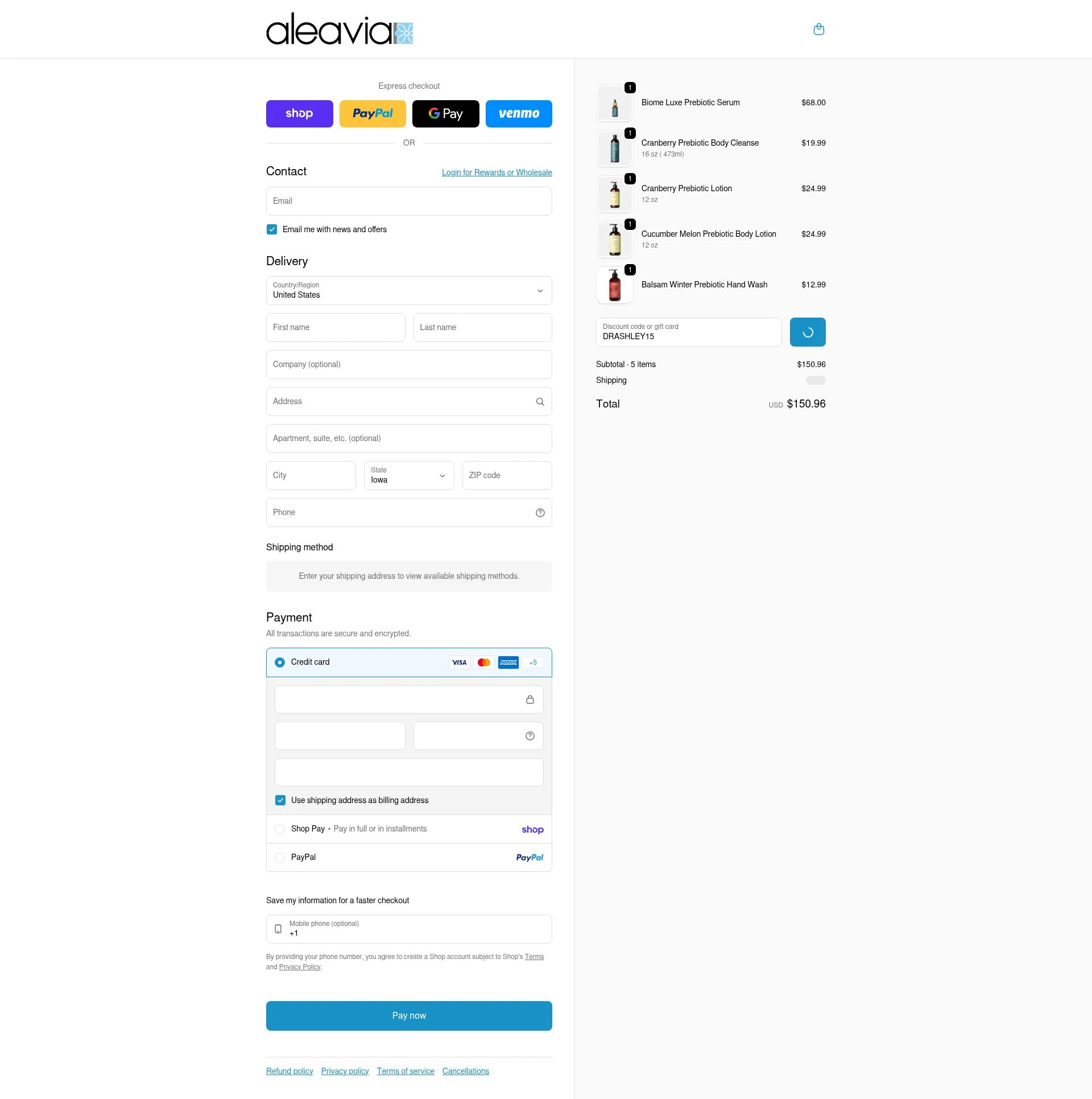 Aleavia checkout page showing Aleavia discount code box | Screenshot taken by SimplyCodes community member on Feb 21, 2026