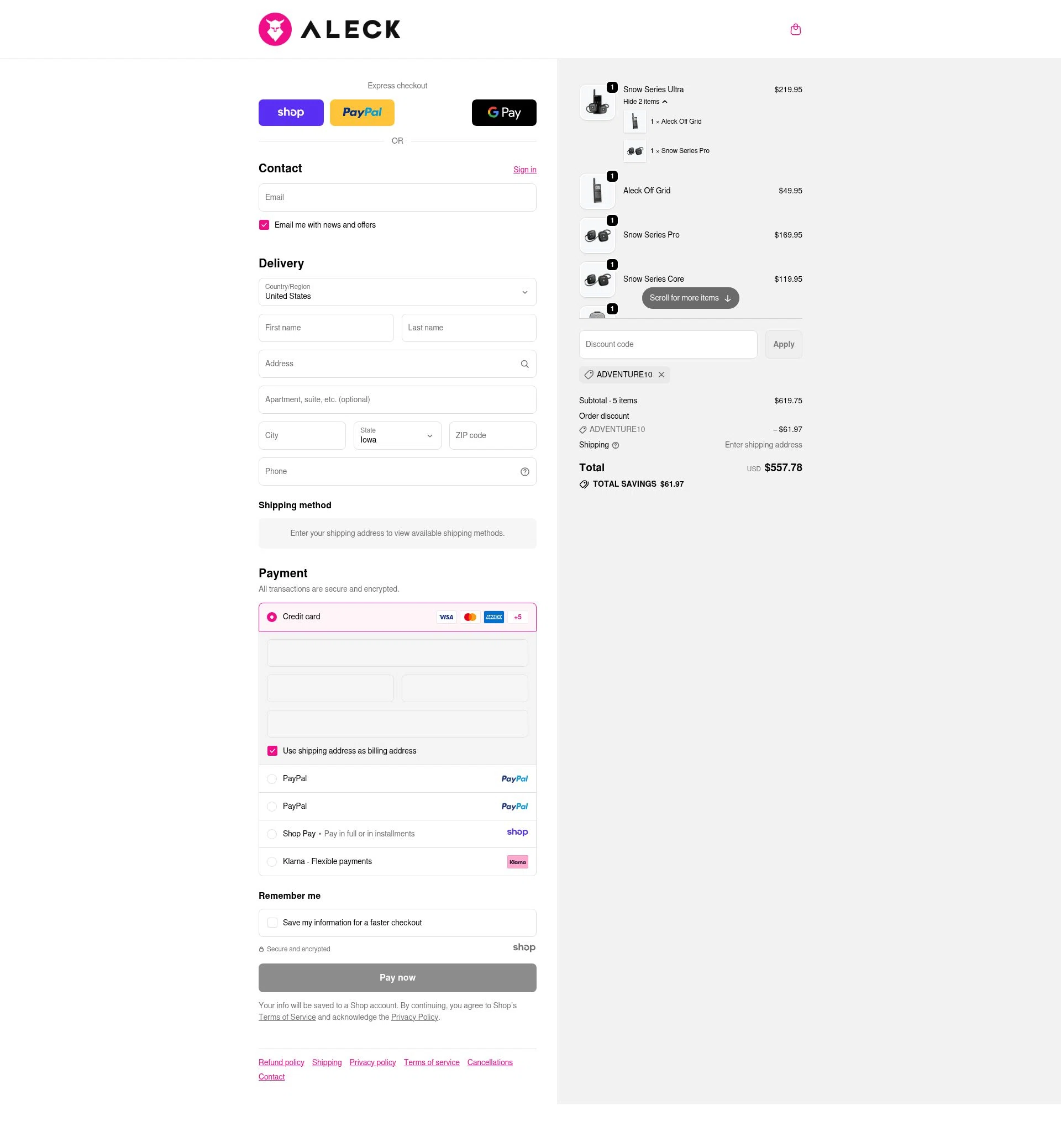Aleck US checkout page showing Aleck US promo code box | Screenshot taken by SimplyCodes community member on Dec 12, 2025