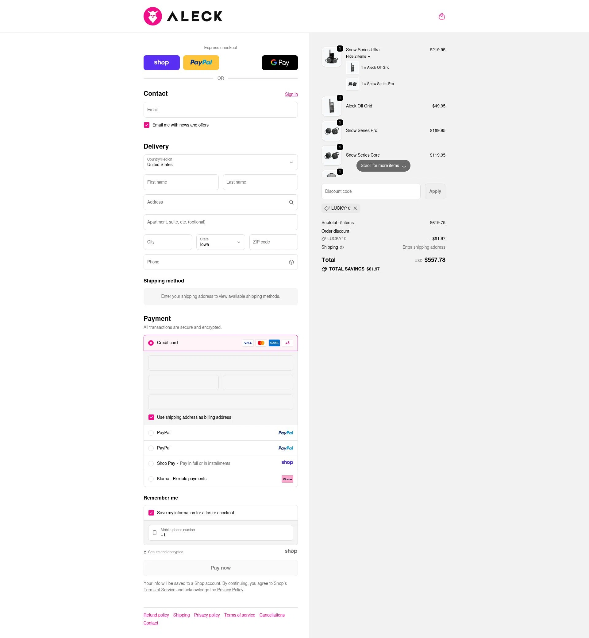 Aleck US checkout page showing Aleck US promo code box | Screenshot taken by SimplyCodes community member on Dec 12, 2025