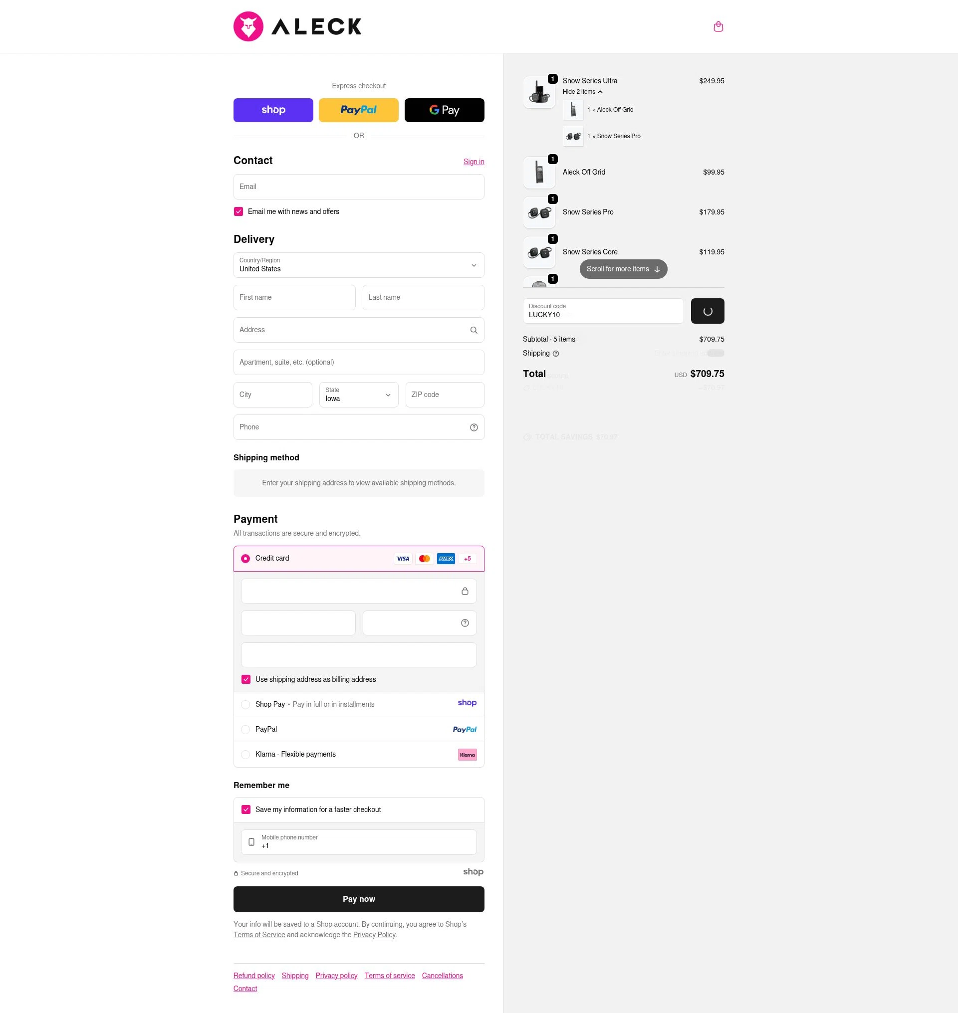Aleck US checkout page showing Aleck US promo code box | Screenshot taken by SimplyCodes community member on Dec 24, 2025