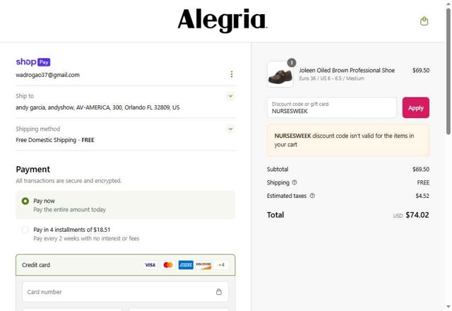 Alegria checkout page showing Alegria discount code box | Screenshot taken by SimplyCodes community member on May 7, 2025