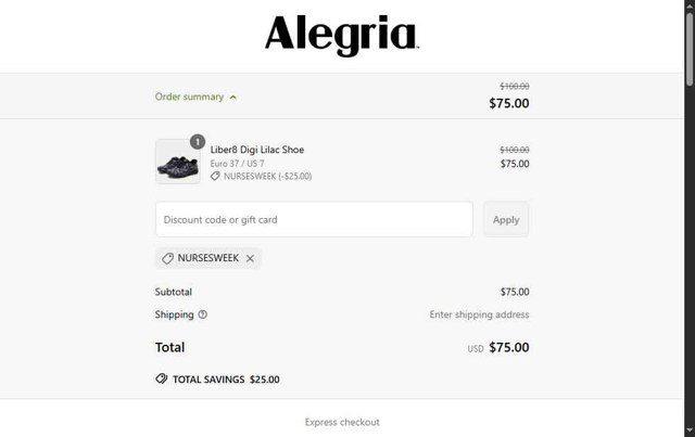 Alegria checkout page showing Alegria discount code box | Screenshot taken by SimplyCodes community member on May 12, 2025