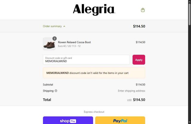 Alegria checkout page showing Alegria discount code box | Screenshot taken by SimplyCodes community member on May 25, 2025