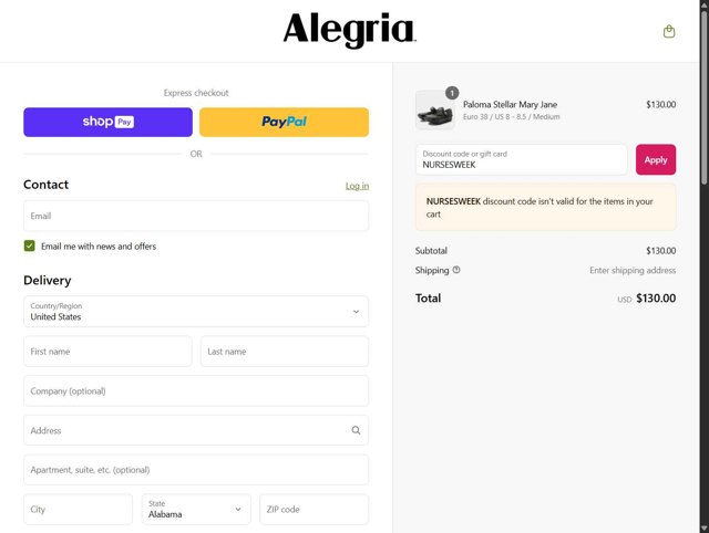 Alegria checkout page showing Alegria discount code box | Screenshot taken by SimplyCodes community member on May 9, 2025