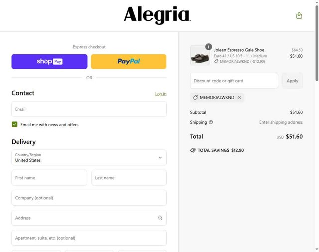 Alegria checkout page showing Alegria discount code box | Screenshot taken by SimplyCodes community member on May 25, 2025
