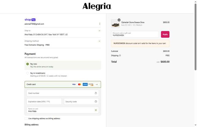 Alegria checkout page showing Alegria discount code box | Screenshot taken by SimplyCodes community member on May 9, 2025