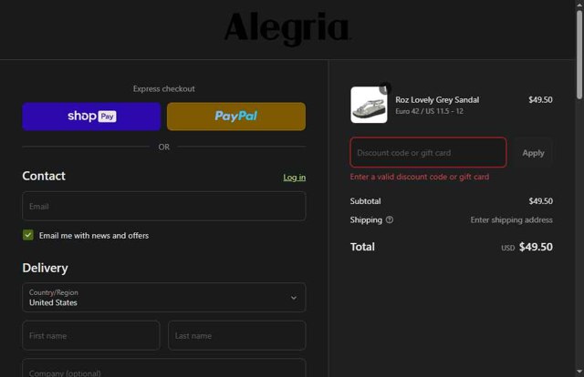 Alegria checkout page showing Alegria discount code box | Screenshot taken by SimplyCodes community member on May 28, 2025