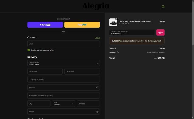 Alegria checkout page showing Alegria discount code box | Screenshot taken by SimplyCodes community member on May 12, 2025
