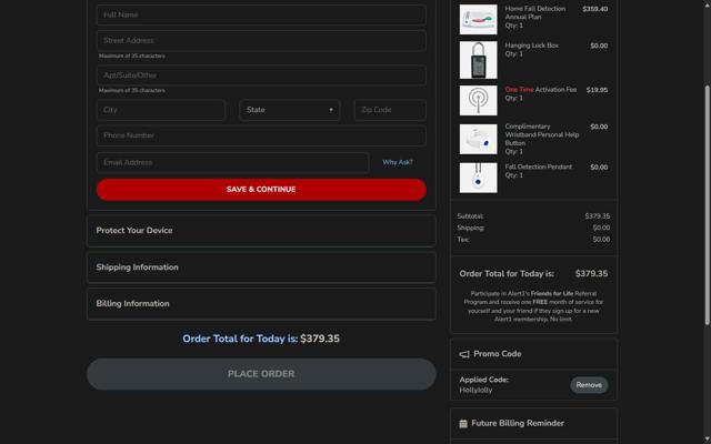 Alert1 Medical Alert Systems checkout page showing Alert1 Medical Alert Systems promo code box | Screenshot taken by SimplyCodes community member on Aug 10, 2025