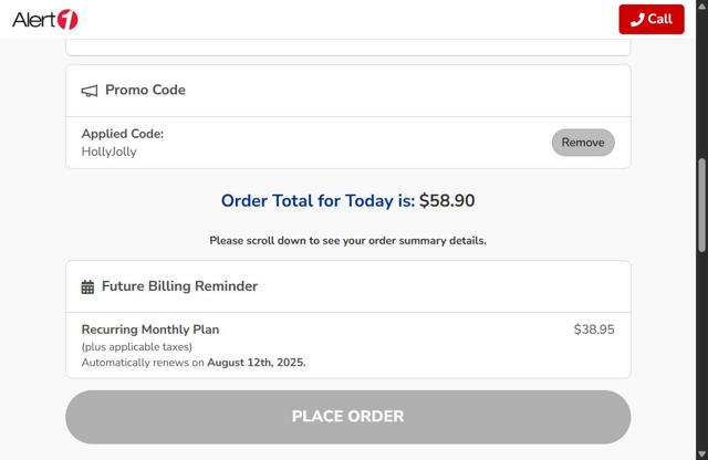 Alert1 Medical Alert Systems checkout page showing Alert1 Medical Alert Systems promo code box | Screenshot taken by SimplyCodes community member on Jul 12, 2025