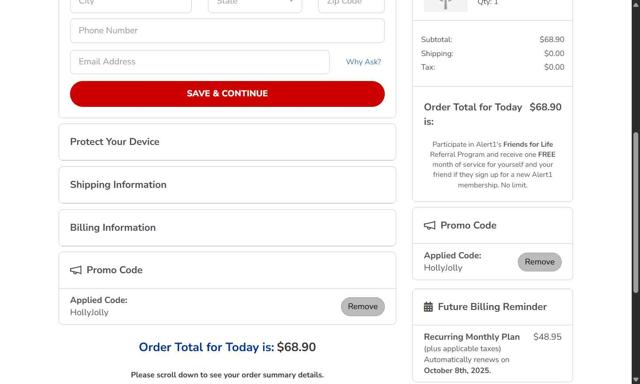 Alert1 Medical Alert Systems checkout page showing Alert1 Medical Alert Systems promo code box | Screenshot taken by SimplyCodes community member on Sep 8, 2025
