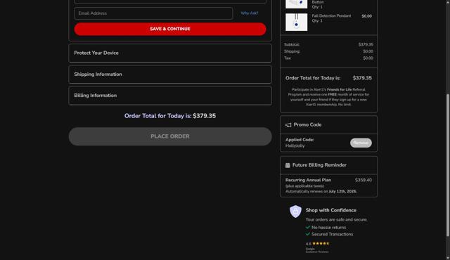 Alert1 Medical Alert Systems checkout page showing Alert1 Medical Alert Systems promo code box | Screenshot taken by SimplyCodes community member on Jul 12, 2025