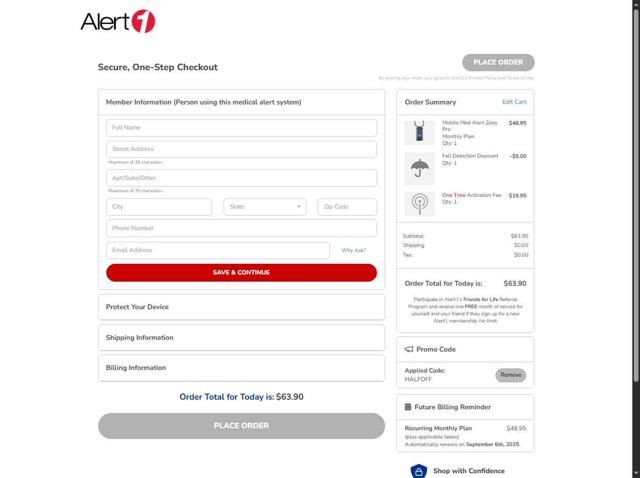 Alert1 Medical Alert Systems checkout page showing Alert1 Medical Alert Systems promo code box | Screenshot taken by SimplyCodes community member on Aug 6, 2025