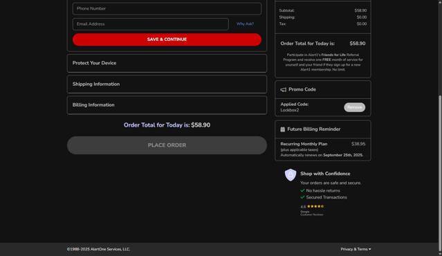 Alert1 Medical Alert Systems checkout page showing Alert1 Medical Alert Systems promo code box | Screenshot taken by SimplyCodes community member on Aug 25, 2025