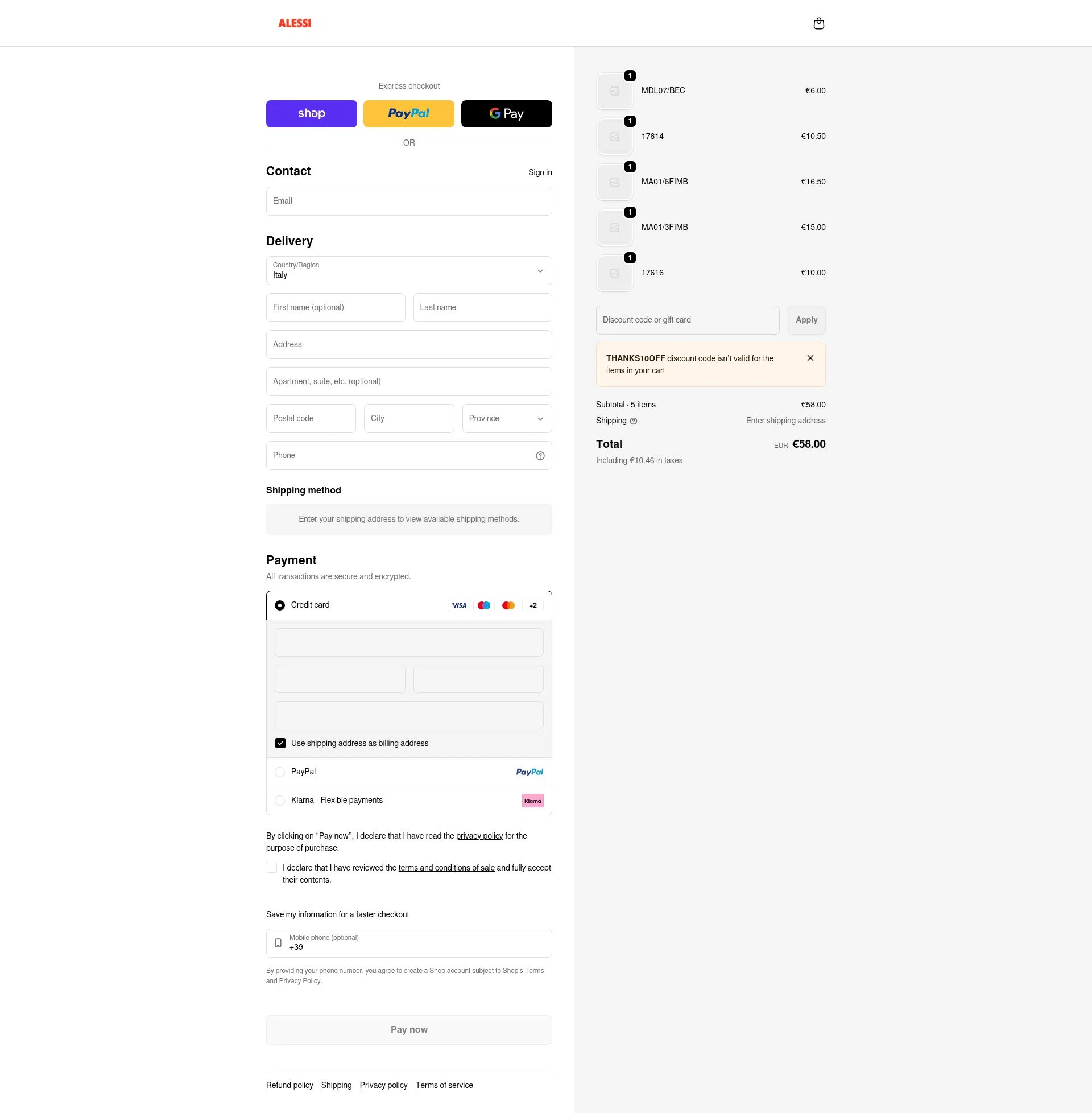 Alessi checkout page showing Alessi promo code box | Screenshot taken by SimplyCodes community member on Feb 5, 2026