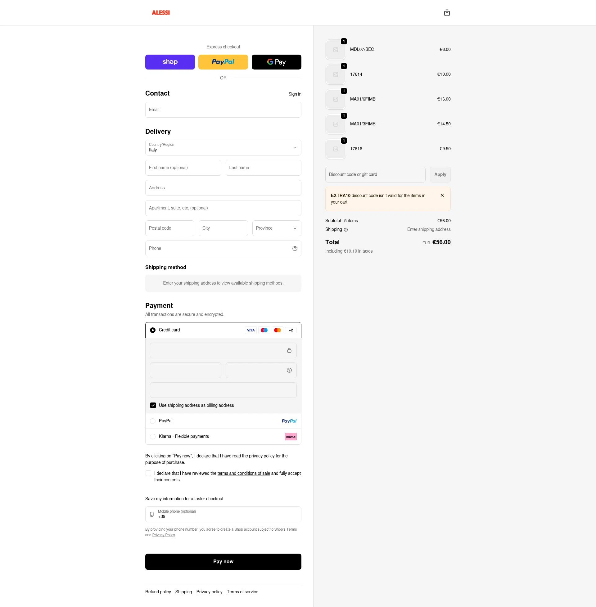 Alessi checkout page showing Alessi promo code box | Screenshot taken by SimplyCodes community member on Jan 31, 2026