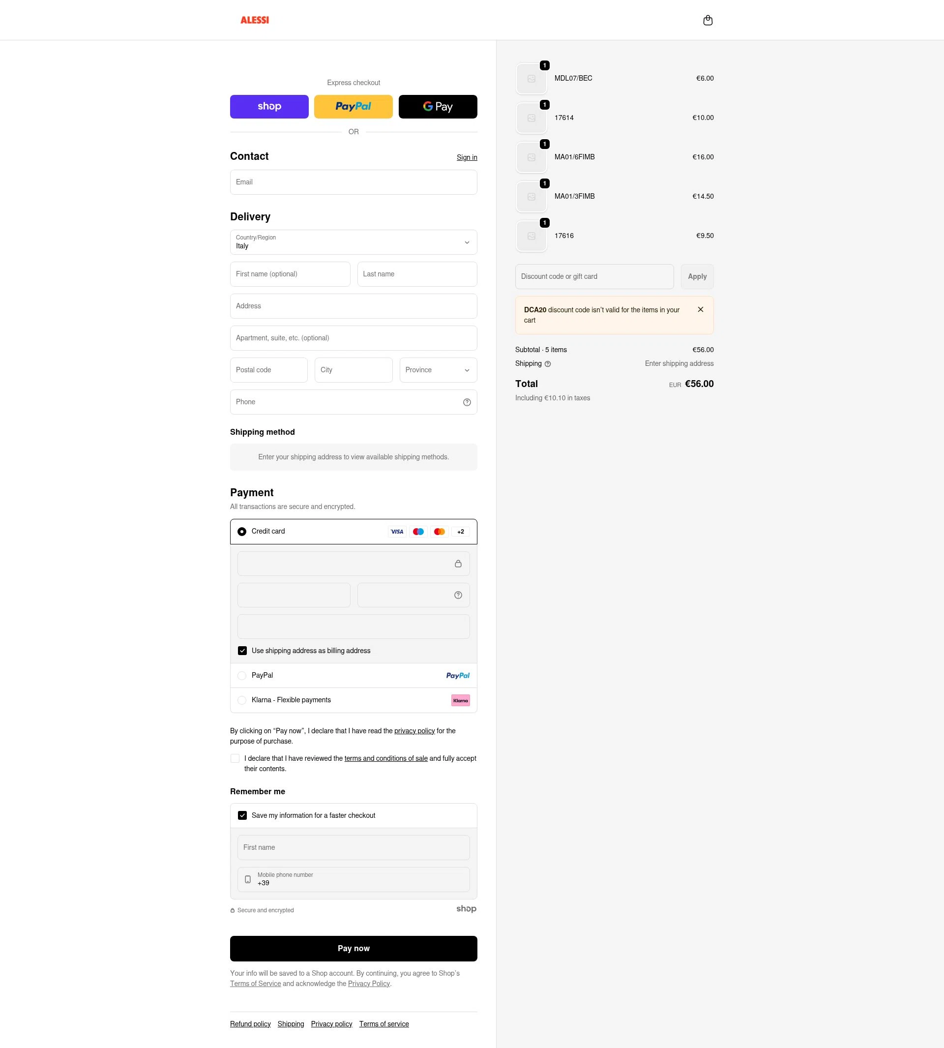 Alessi checkout page showing Alessi promo code box | Screenshot taken by SimplyCodes community member on Jan 27, 2026