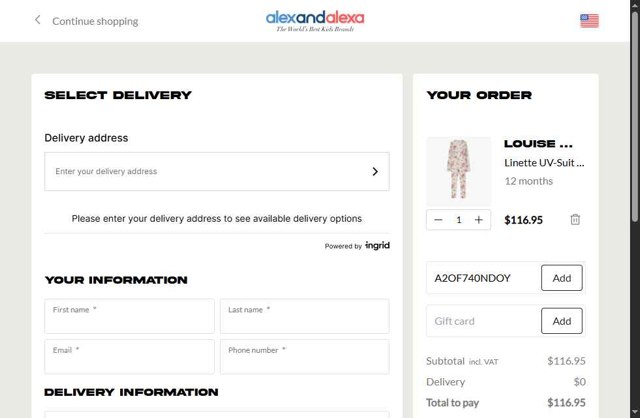 AlexandAlexa checkout page showing AlexandAlexa discount code box | Screenshot taken by SimplyCodes community member on May 2, 2025
