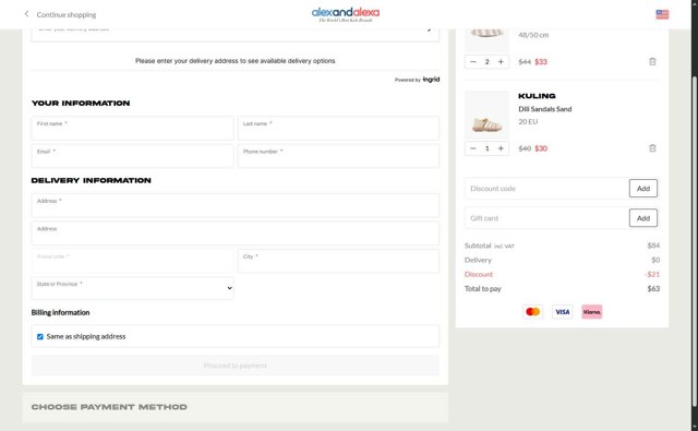 AlexandAlexa checkout page showing AlexandAlexa discount code box | Screenshot taken by SimplyCodes community member on Jun 14, 2025