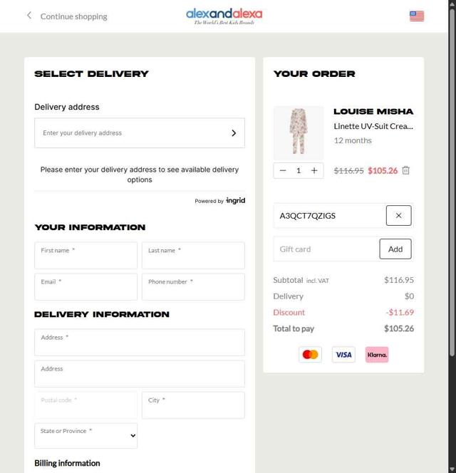 AlexandAlexa checkout page showing AlexandAlexa discount code box | Screenshot taken by SimplyCodes community member on May 1, 2025