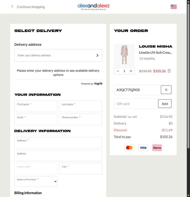 AlexandAlexa checkout page showing AlexandAlexa discount code box | Screenshot taken by SimplyCodes community member on May 1, 2025