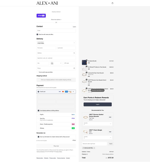 Alex and Ani checkout page showing Alex and Ani discount code box | Screenshot taken by SimplyCodes community member on Aug 26, 2025