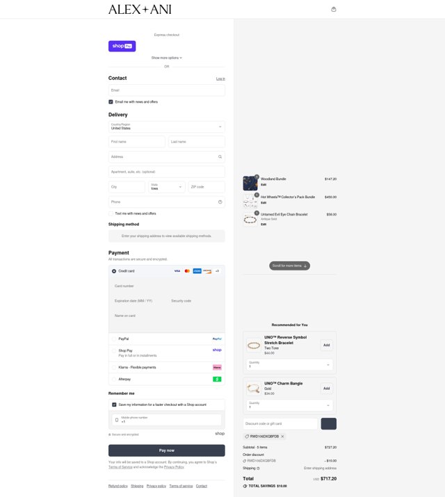 Alex and Ani checkout page showing Alex and Ani discount code box | Screenshot taken by SimplyCodes community member on Aug 26, 2025